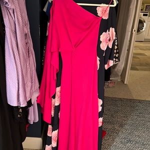 Brand NWT Zara long dress, dramatic one shoulder flutter sleeve hot pink dress